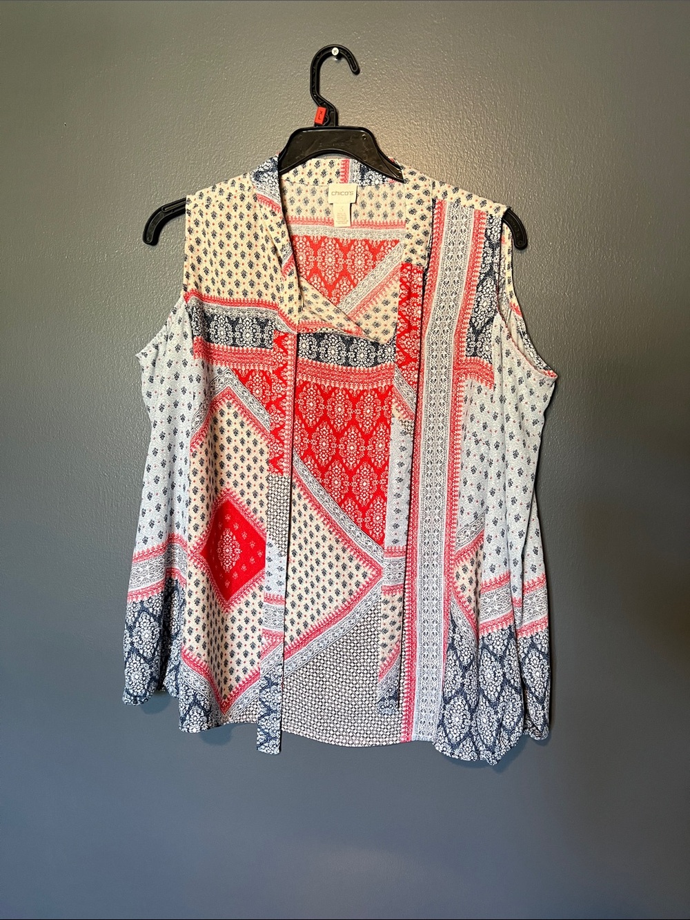 Chico’s Size 3 Cold Shoulder Blouse Patchwork Print Long Sleeve Boho Top